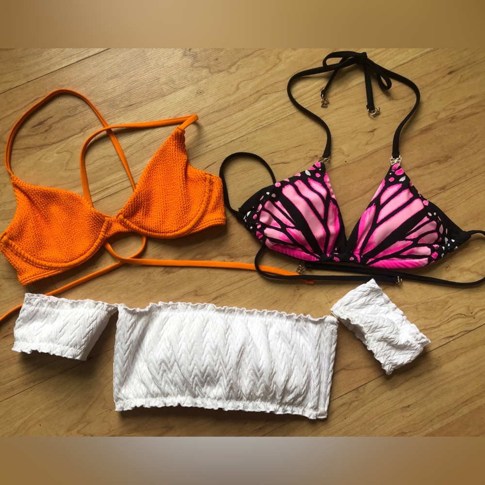 3x Bikini Top Hollister Orange Knit & NewYorker Pink / White Bikini Tops Set